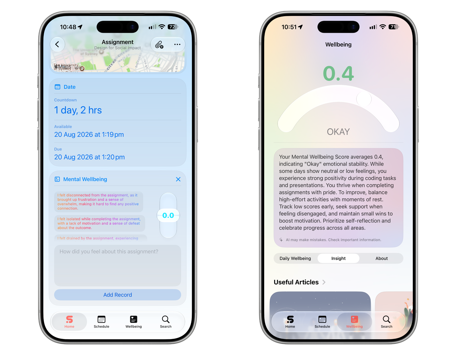 Students can record how they feel in the context of individual academic tasks, helping transform isolated emotions into meaningful patterns and personalised wellbeing insights.