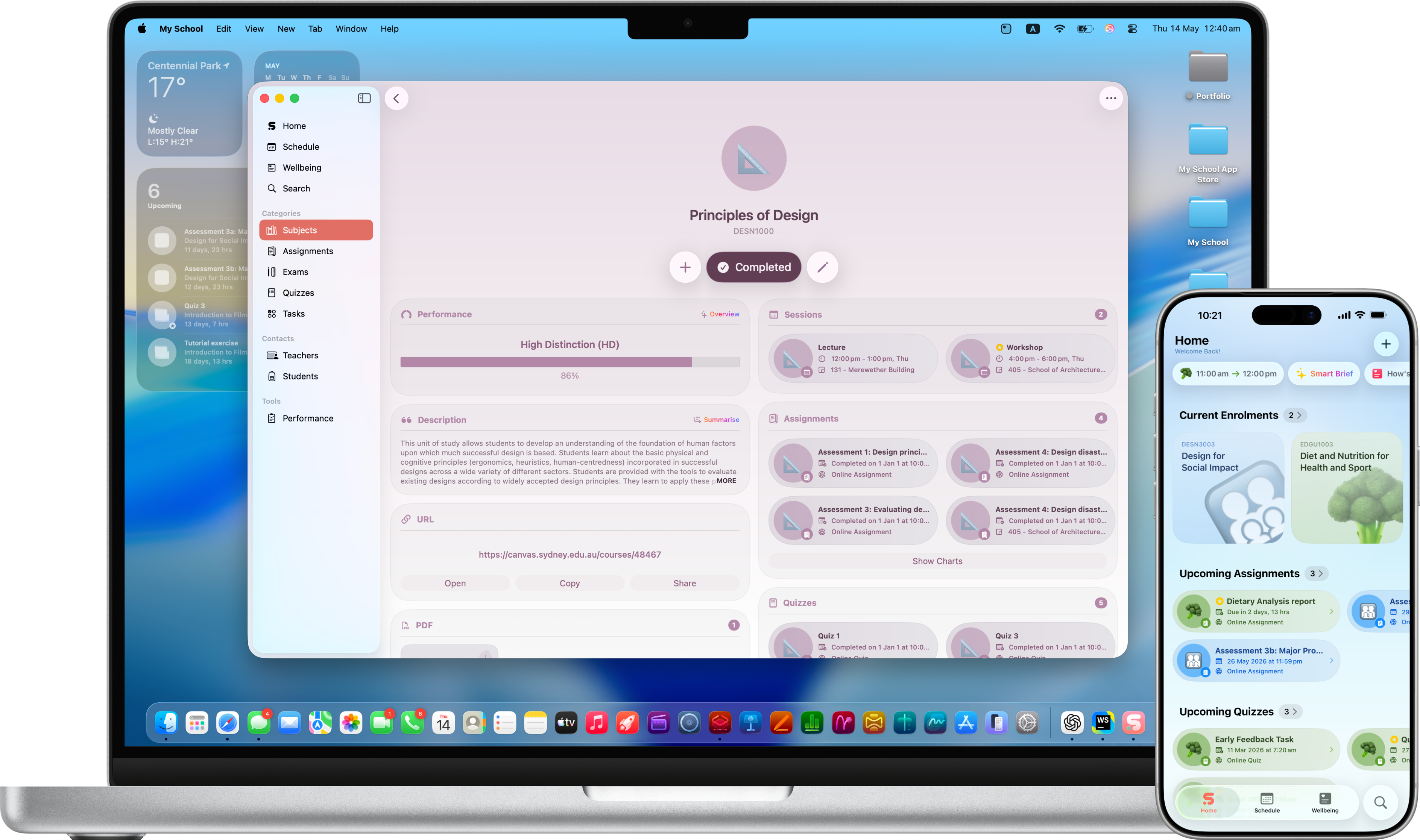 My School app running on an iPhone and a Mac.