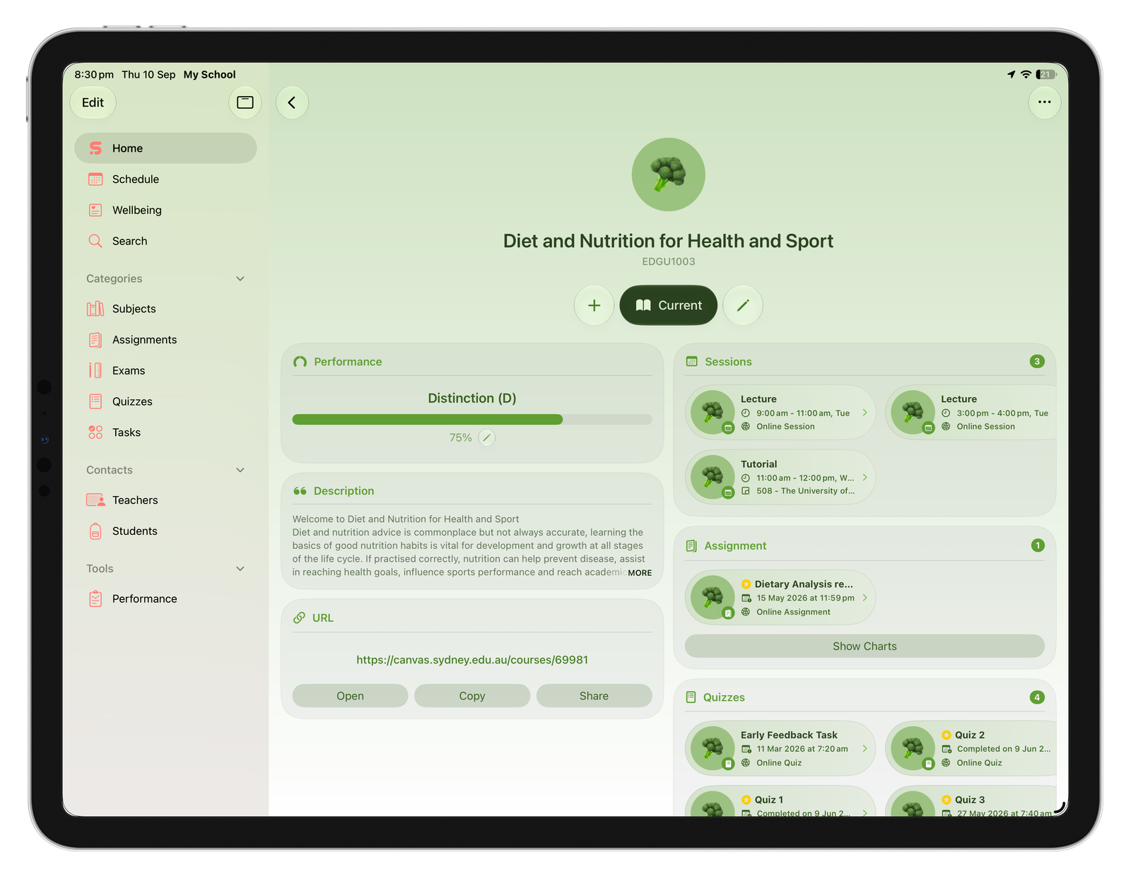 Each subject becomes a hub for everything connected to it—classes, assignments, exams, performance, and linked wellbeing records—so students see the full context without moving between separate modules.