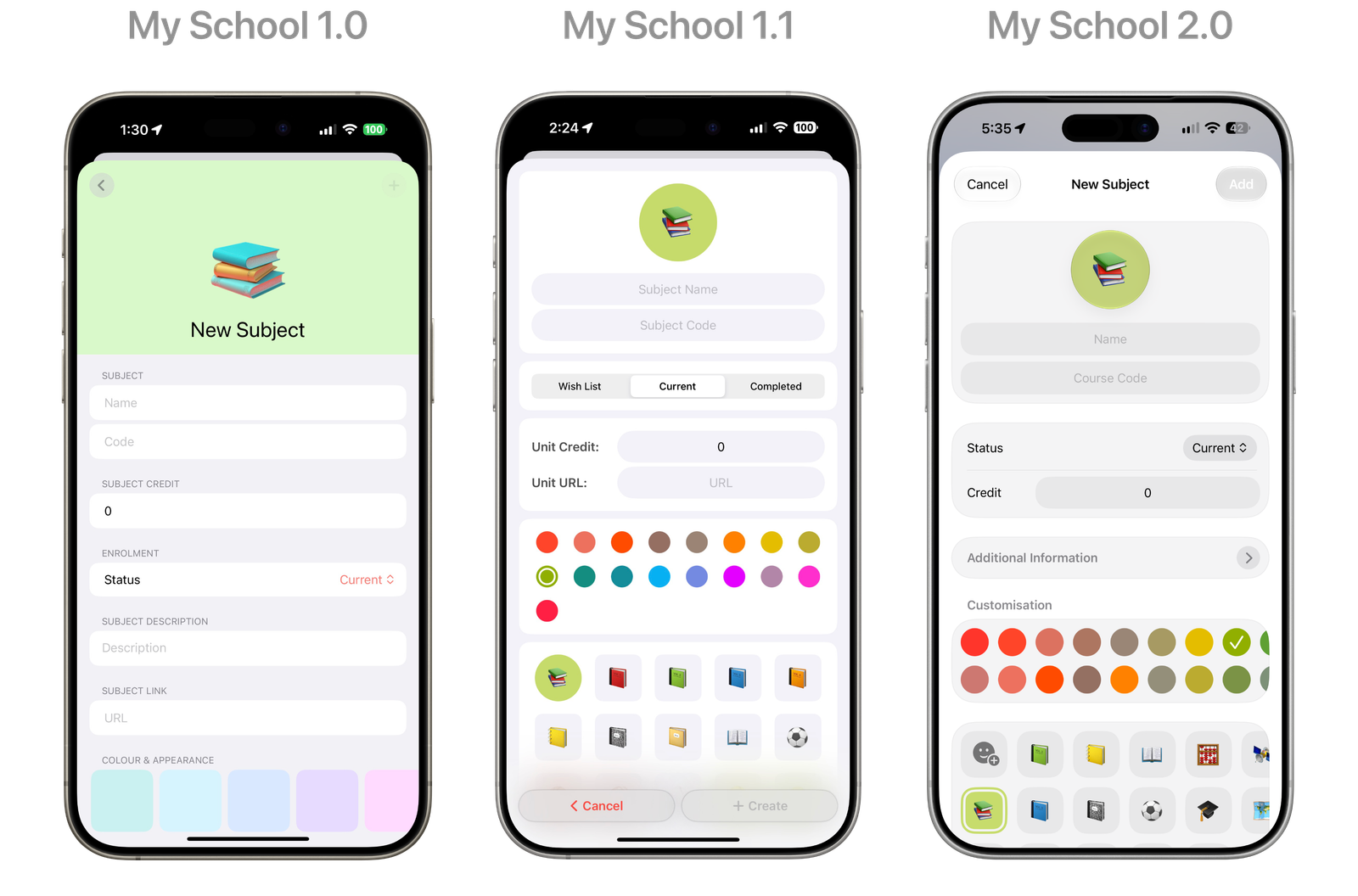 Creating a new subject became progressively more streamlined, reducing visual complexity while introducing richer customisation options without overwhelming first-time users.