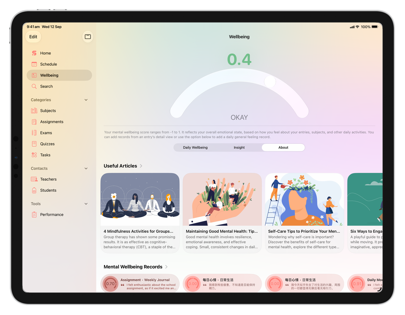 Wellbeing is integrated directly into the academic planning experience, bringing together emotional tracking, educational resources, and personalised insights within a single workspace.